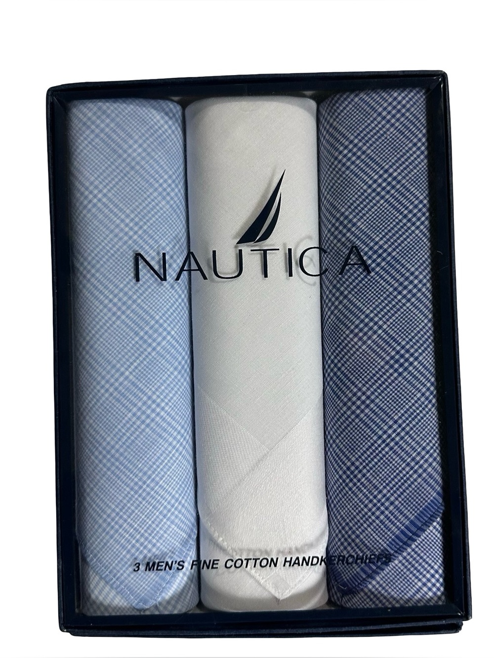 Vtg 90s Nautica Mens Fine Cotton Handkerchiefs 3 Pack Boxed Blue Plaid Set NOS